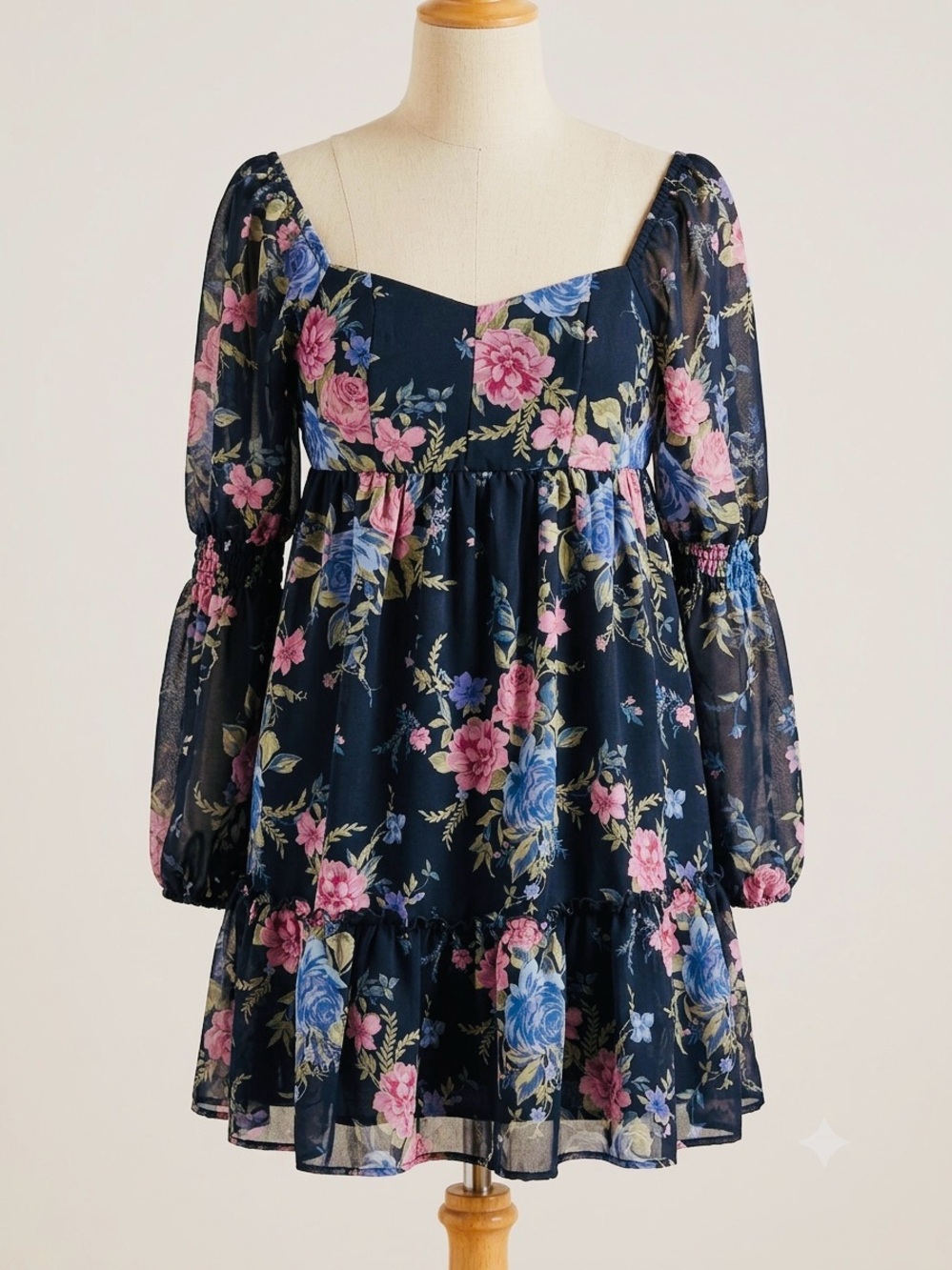 SO good boho whimsygoth grunge black floral babydoll mini dress puff sleeves